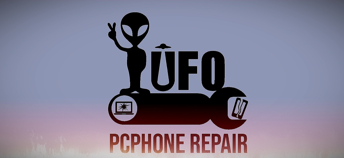 Arte del logotipo UFO PC Phone Repair, usado mientras llega la foto del taller